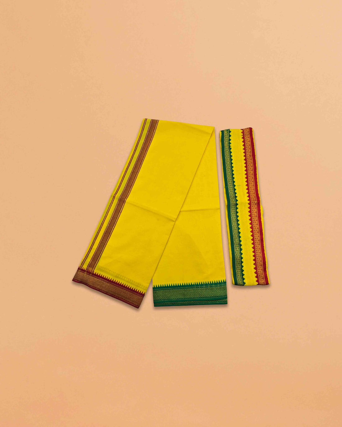 Cotton Dhoti and Angavastram Set (COLOR, Size:Length:73 inch X 185 cm, Width:47inhc X 120 cm) (1 Dhoti + 1 Angavastram) Pack of 2 Piece - Mango yellow