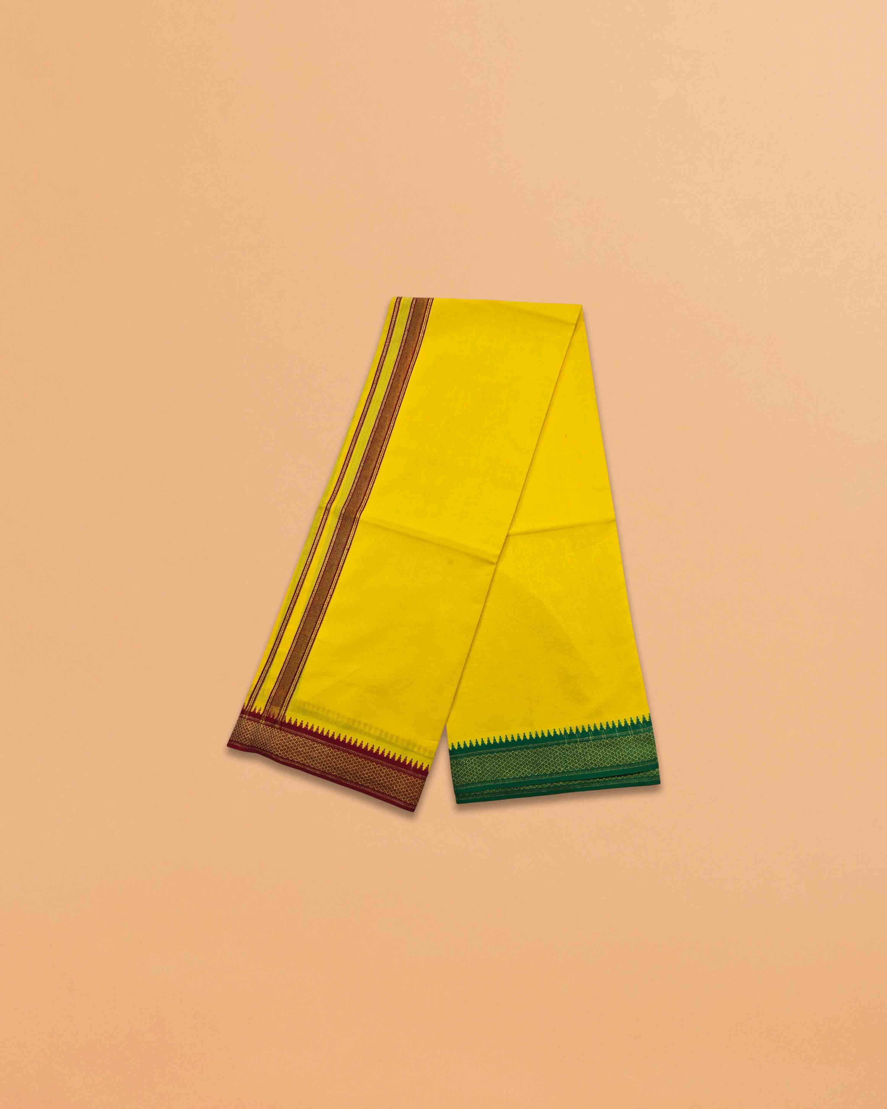 Cotton Dhoti and Angavastram Set (COLOR, Size:Length:73 inch X 185 cm, Width:47inhc X 120 cm) (1 Dhoti + 1 Angavastram) Pack of 2 Piece - Mango yellow