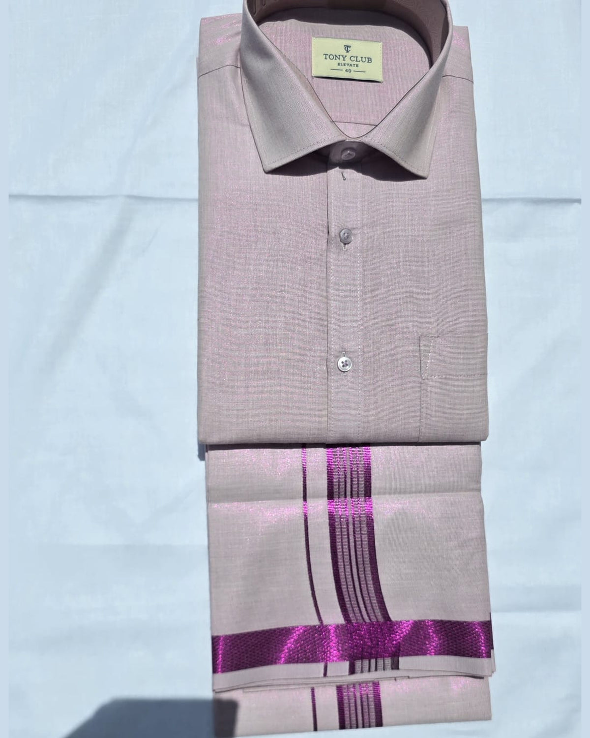 Men’s pale mauve tissue shirt and single dhoti with magenta jari border, folded set – Ambika Stores