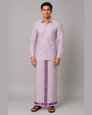 Men’s Tissue Full Sleeve Shirt & Jari Single Dhoti Set (2-in-1) – Pale Mauve