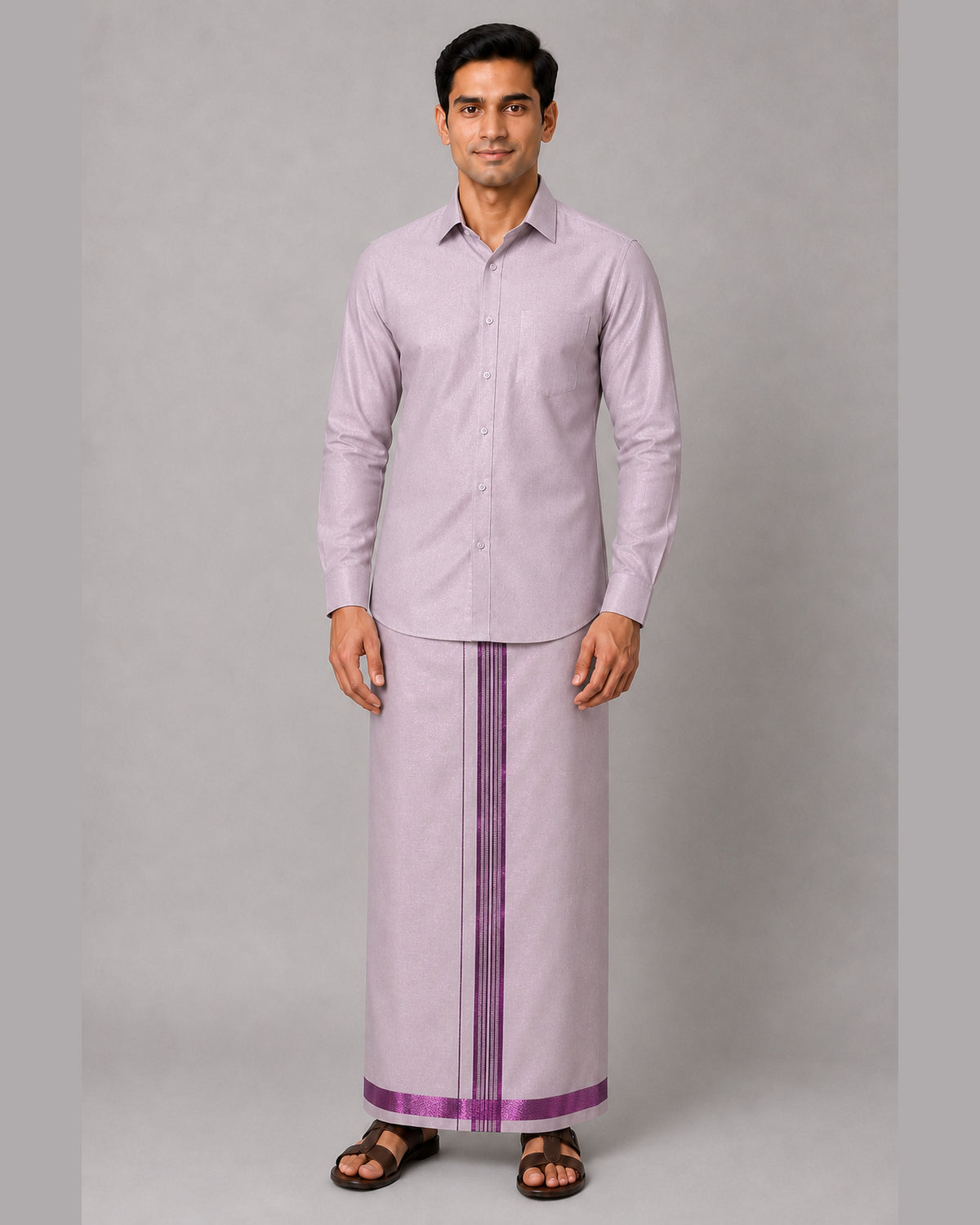 Men’s pale mauve tissue shirt and single dhoti with magenta jari border, front – Ambika Stores