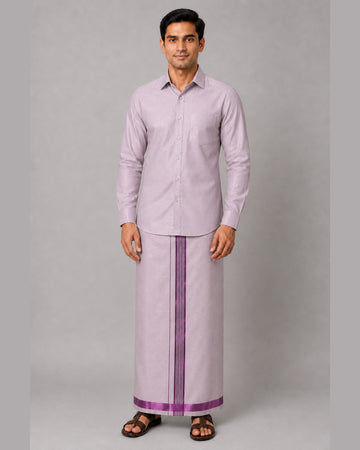 Men’s pale mauve tissue shirt and single dhoti with magenta jari border, front – Ambika Stores