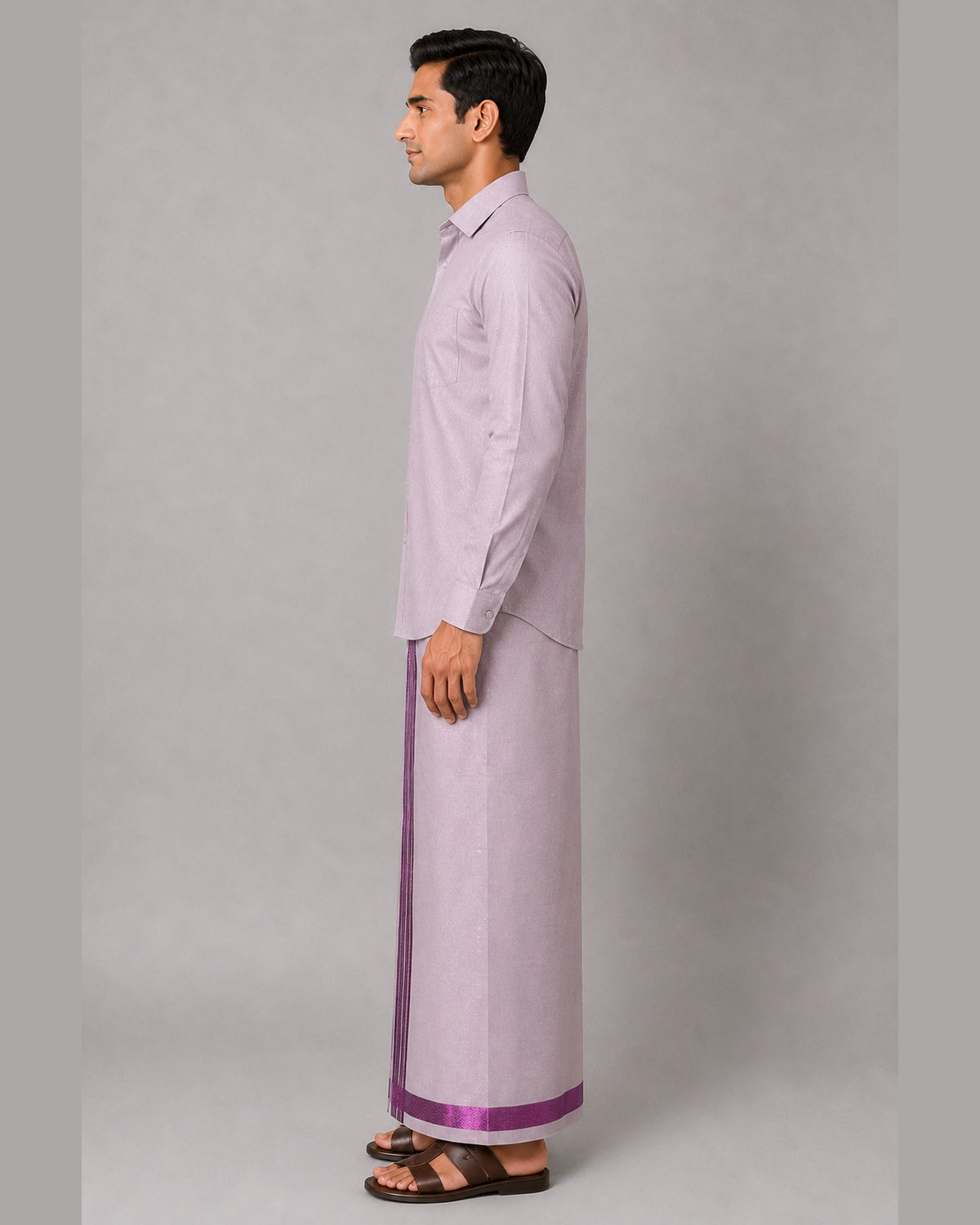 Men’s pale mauve tissue shirt and single dhoti with magenta jari border, side – Ambika Stores