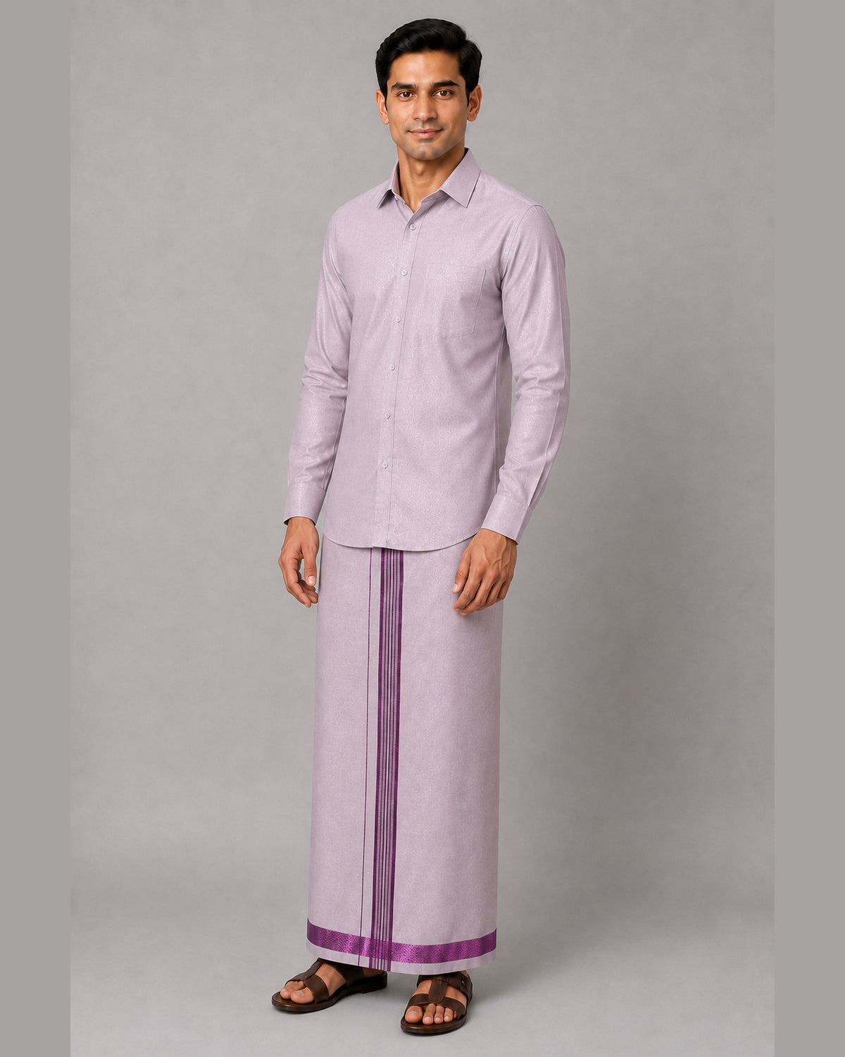Men’s pale mauve tissue shirt and single dhoti with magenta jari border, three quarter – Ambika Stores
