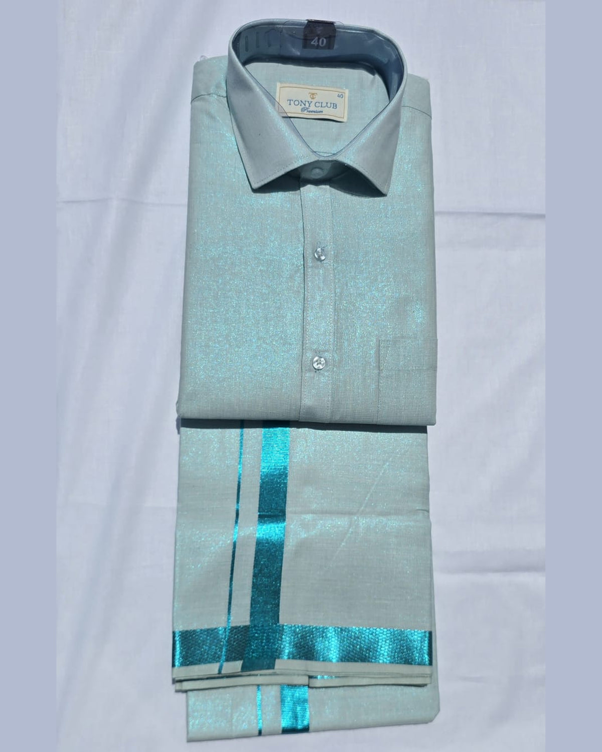 Tony Club men’s mint green tissue shirt and dhoti set, border detail – Ambika Stores