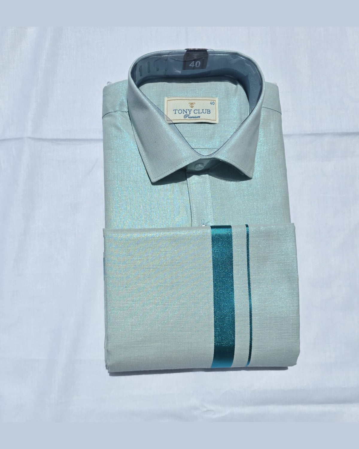 Tony Club men’s mint green tissue shirt and dhoti set, folded front – Ambika Stores