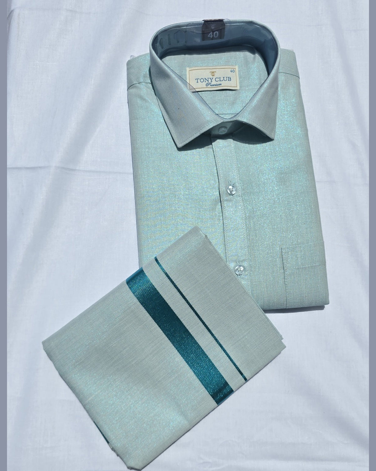 Tony Club men’s mint green tissue shirt and dhoti set, folded set – Ambika Stores