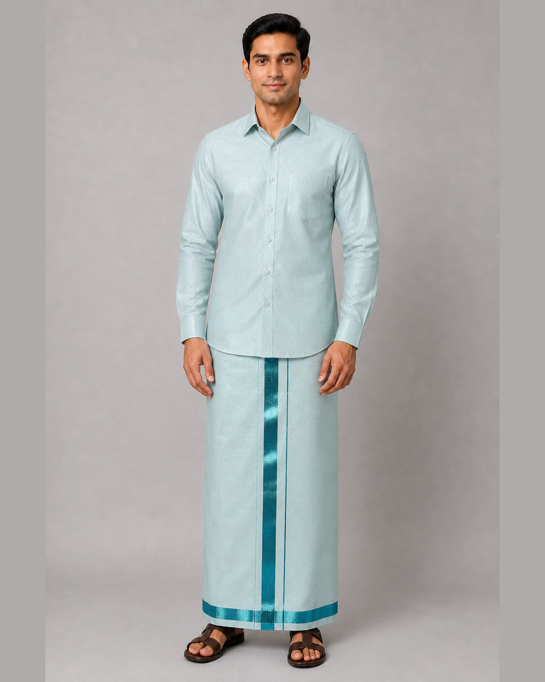 Men’s mint green tissue shirt and dhoti with turquoise jari border – front view
