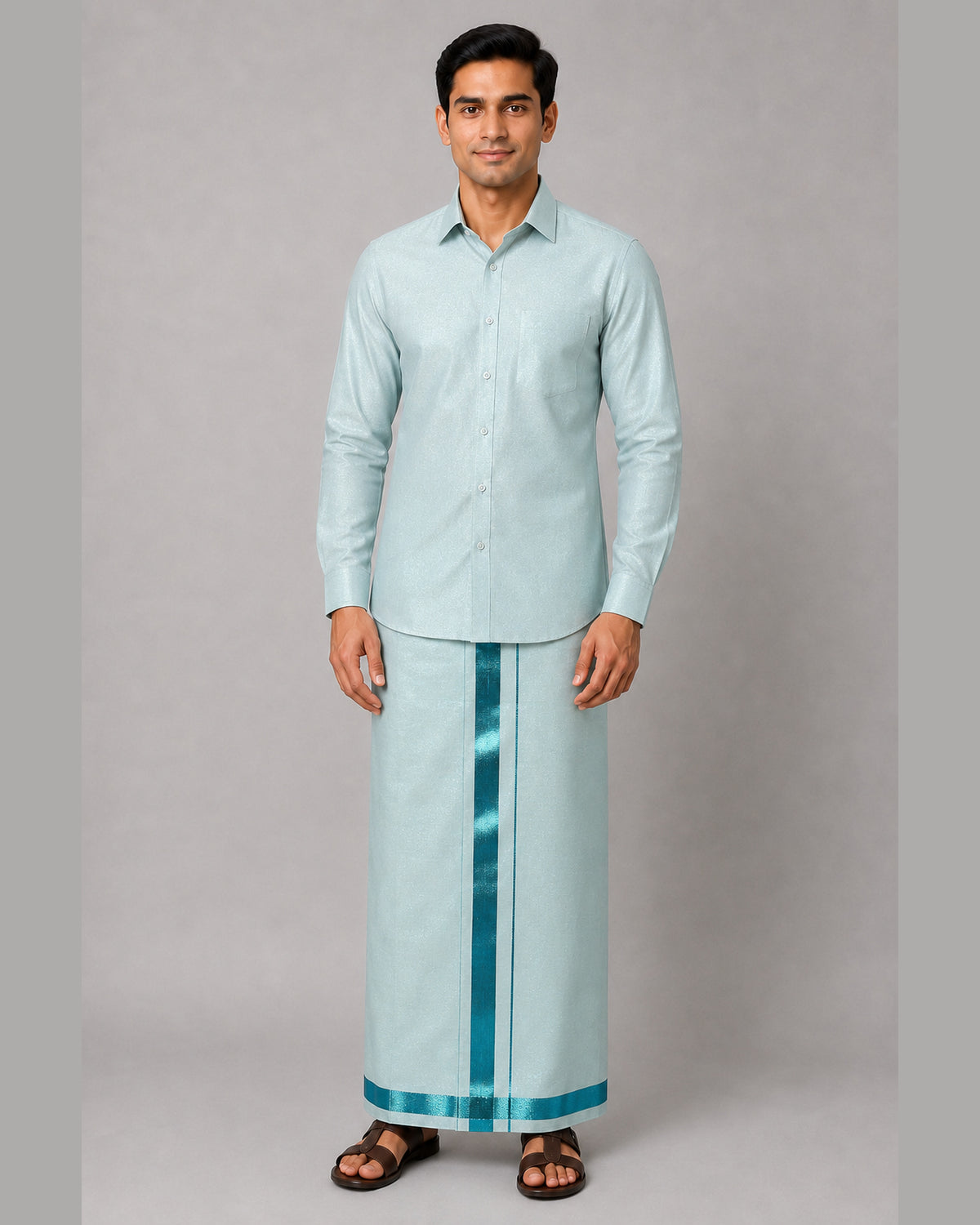 Men’s mint green tissue shirt and dhoti with turquoise jari border – front view