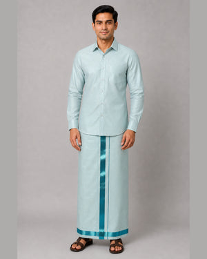 Men’s Tissue Shirt & Jari Single Dhoti Set (2-in-1) – Mint Green