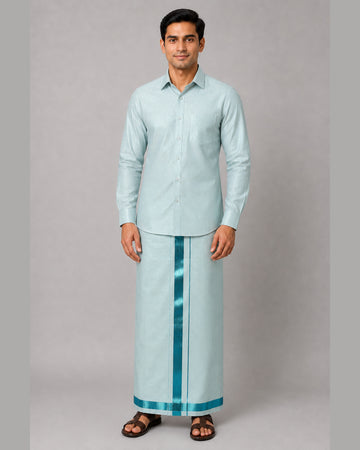 Men’s mint green tissue shirt and dhoti with turquoise jari border – front view