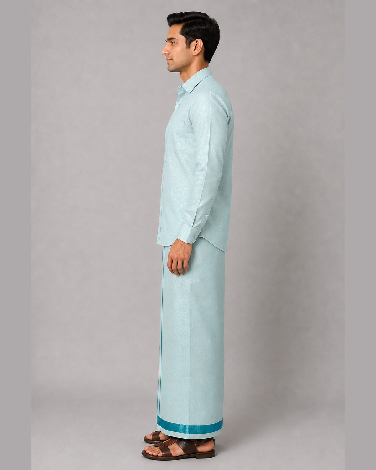 Tony Club men’s mint green tissue shirt and dhoti set, left profile – Ambika Stores