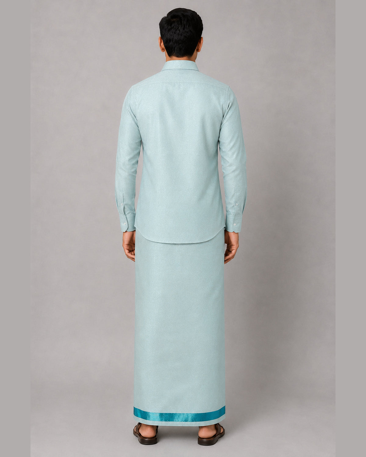 Tony Club men’s mint green tissue shirt and dhoti set, rear – Ambika Stores