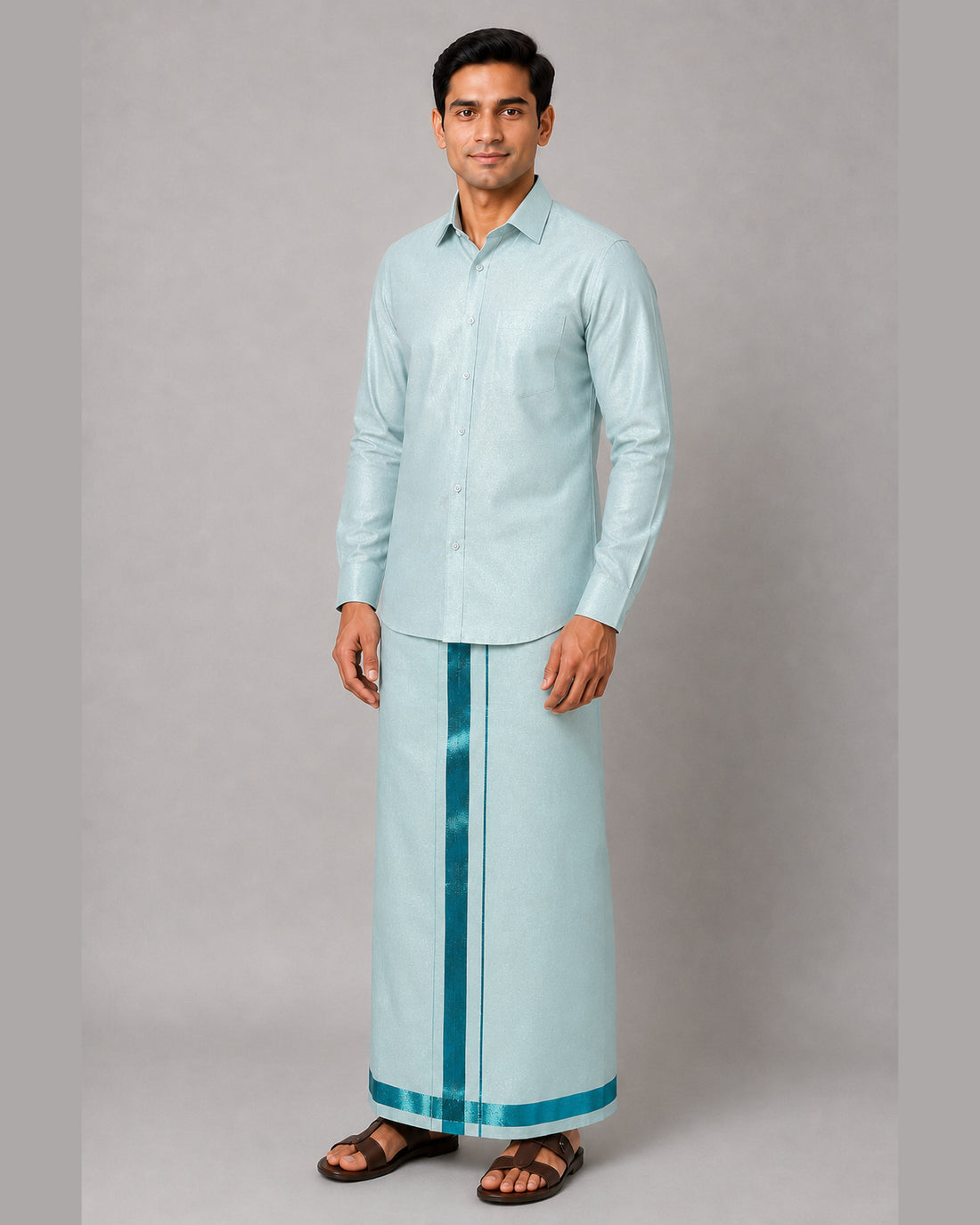 Men’s mint green tissue shirt and dhoti with turquoise jari border – front view