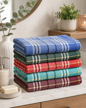 Twin-thread (Eralai)pure cotton bath towels in a pack of 5. Large 30 x 60-inch multicolour checked towels for men and women. Lightweight and easy to dry.