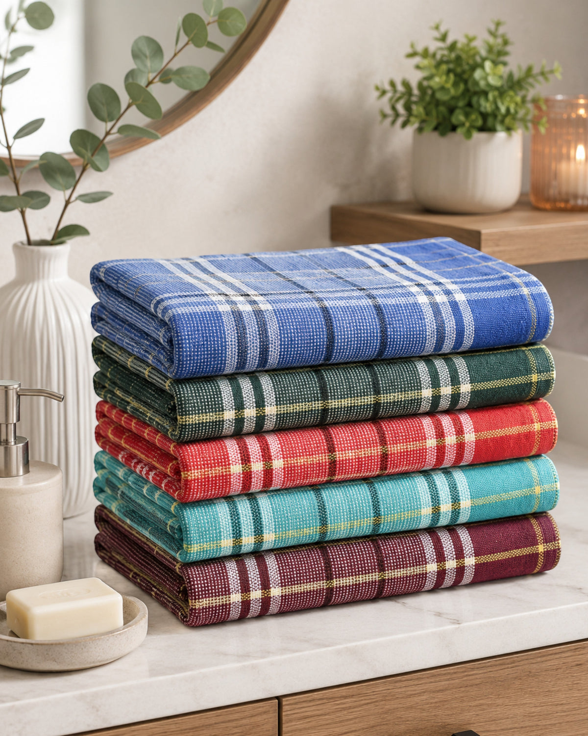 Twin-thread (Eralai)pure cotton bath towels in a pack of 5. Large 30 x 60-inch multicolour checked towels for men