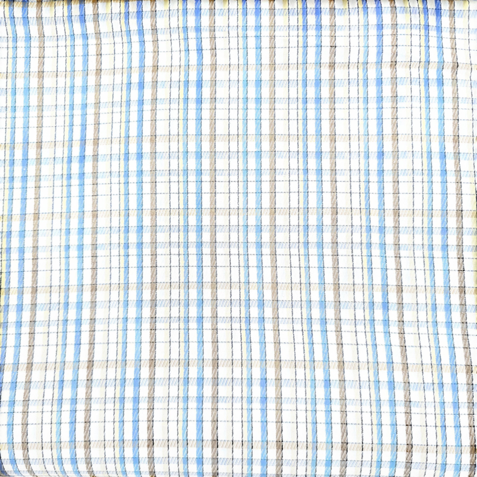 Close-up of plaid fabric with blue, brown, and beige colors.