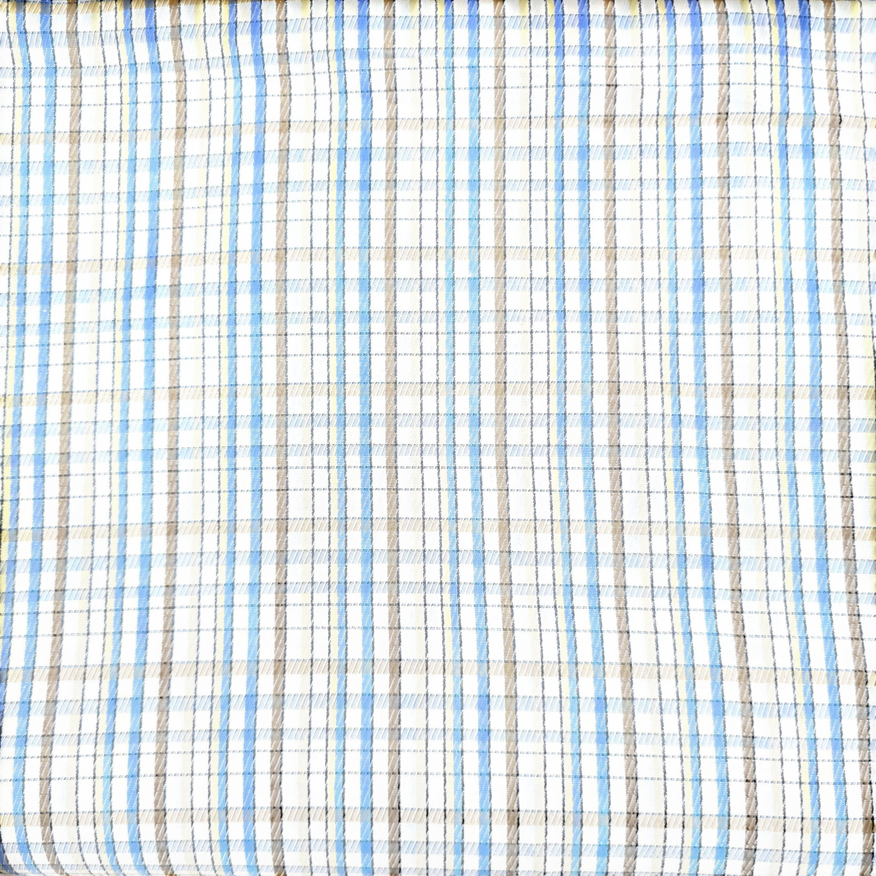 Close-up of plaid fabric with blue, brown, and beige colors.