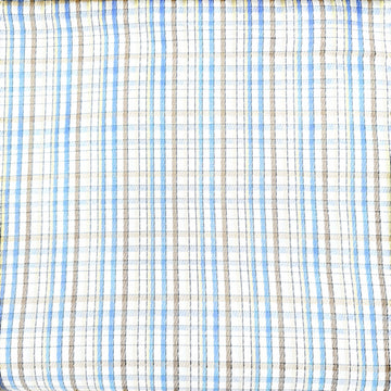Close-up of plaid fabric with blue, brown, and beige colors.