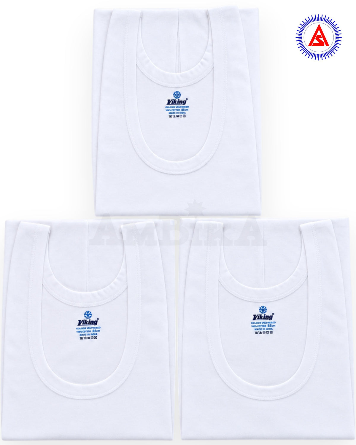 Viking white cotton banian three piece pack front view
