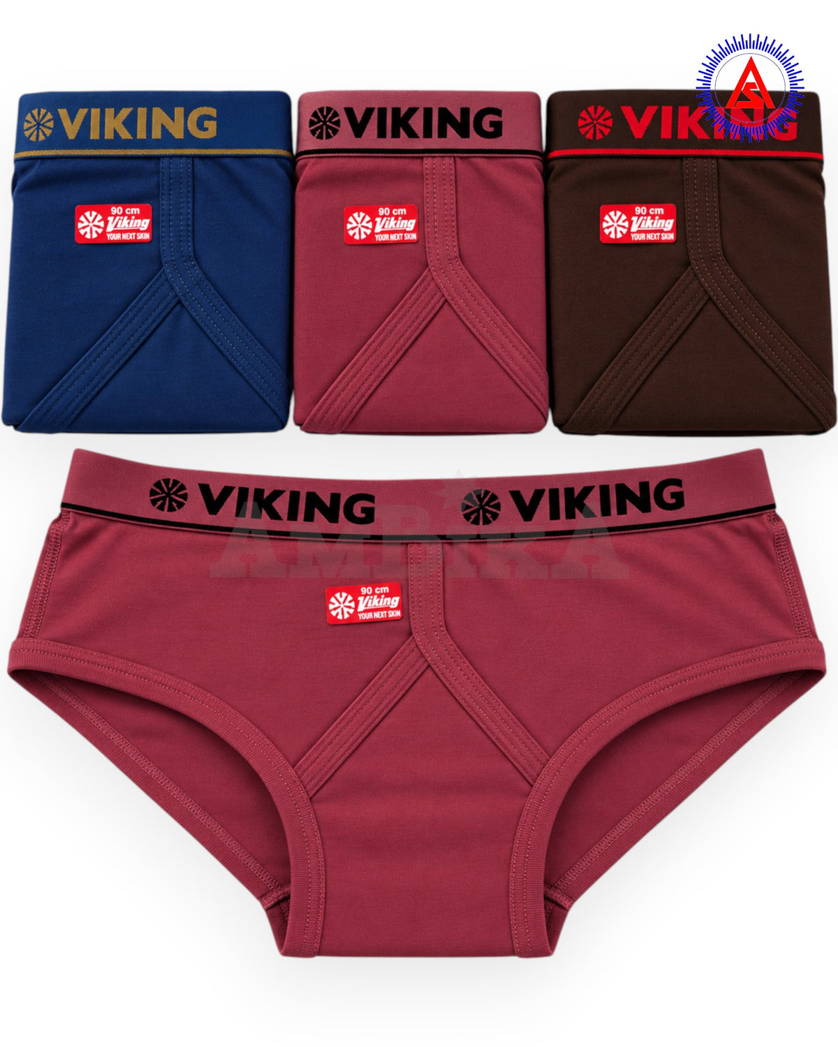 Viking Stretchcot three assorted briefs folded with maroon brief displayed