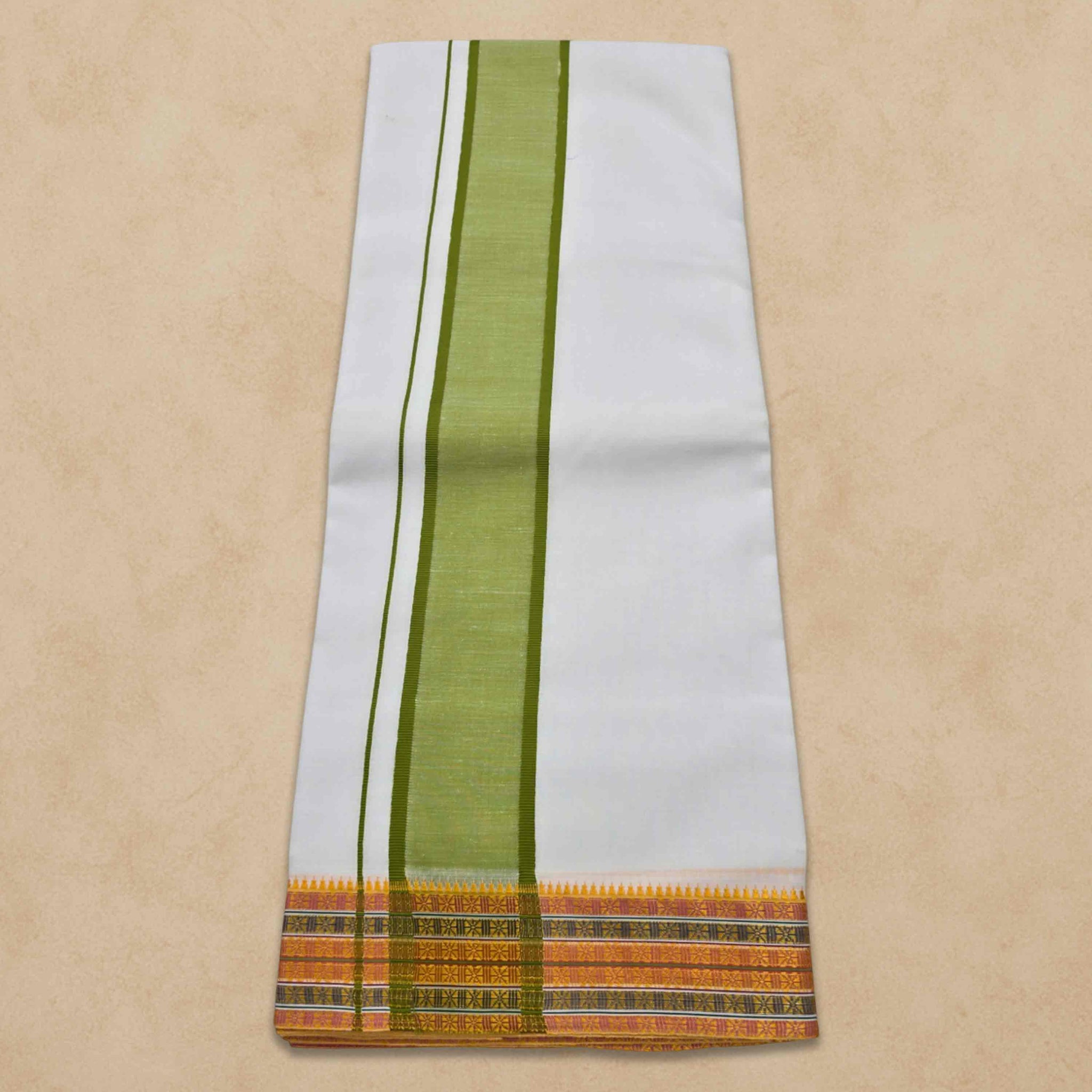 Dhoties Men's Traditional Pure Cotton Bleached White Dhoti With Cotton Color Border Size 9X5 - Bottle green