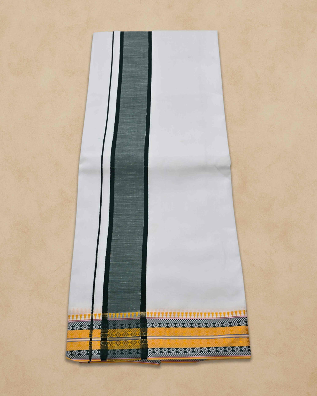 Dhoties Men's Traditional Pure Cotton Bleached White Dhoti With Cotton Color Border Size 9X5 - Dark green