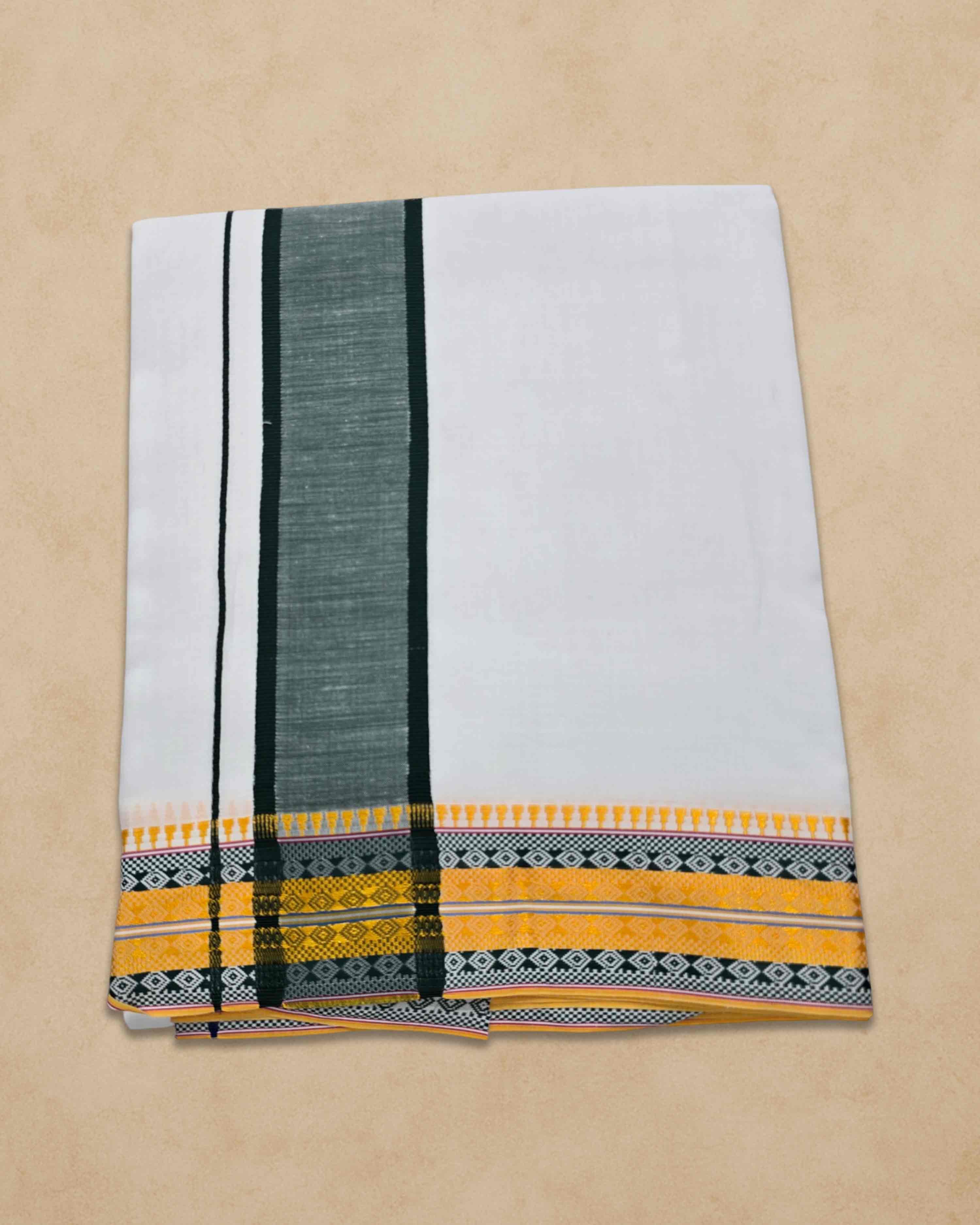 Dhoties Men's Traditional Pure Cotton Bleached White Dhoti With Cotton Color Border Size 9X5 - Dark green