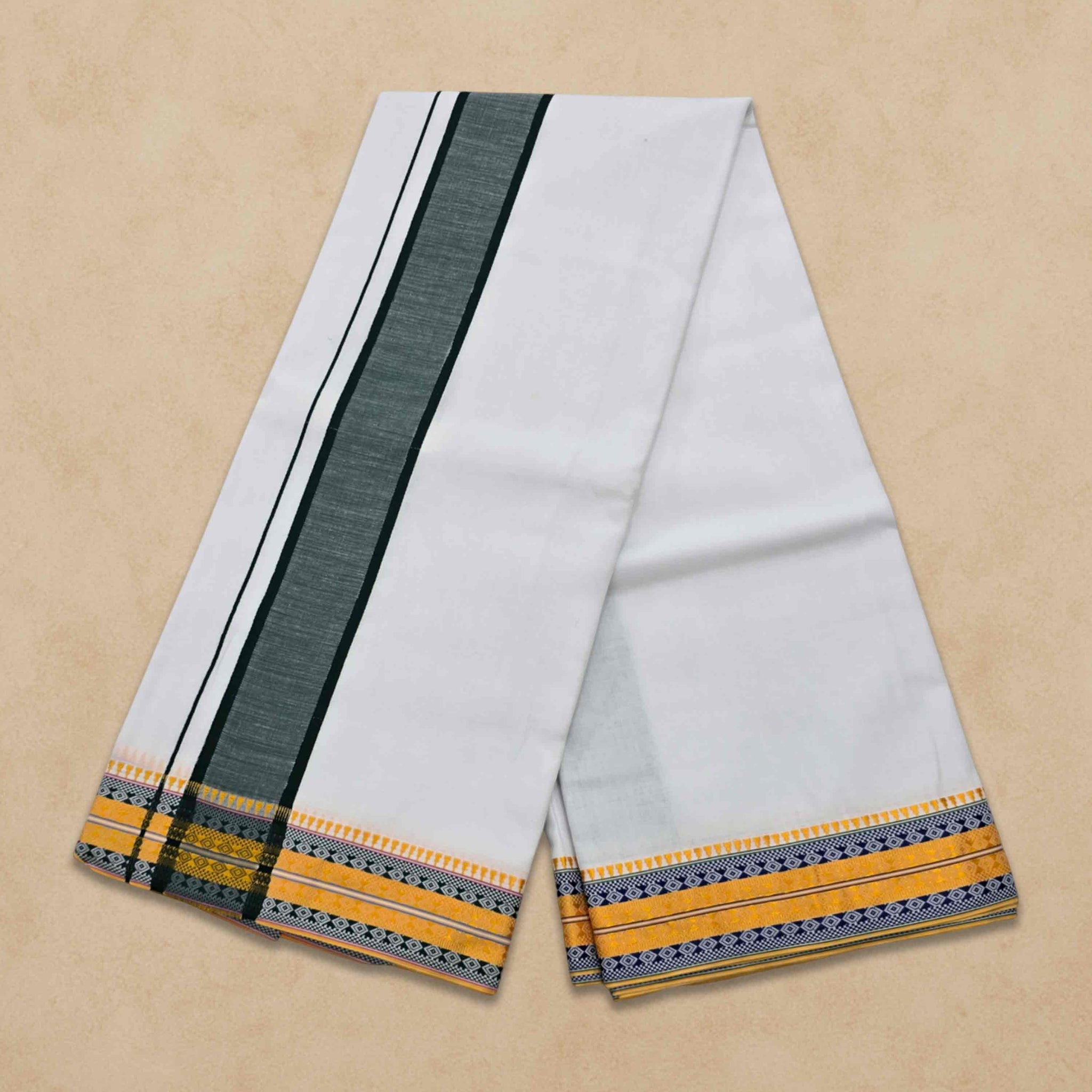 Dhoties Men's Traditional Pure Cotton Bleached White Dhoti With Cotton Color Border Size 9X5 - Dark green
