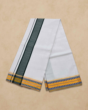 Dhoties Men's Traditional Pure Cotton Bleached White Dhoti With Cotton Color Border Size 9X5 - Dark green