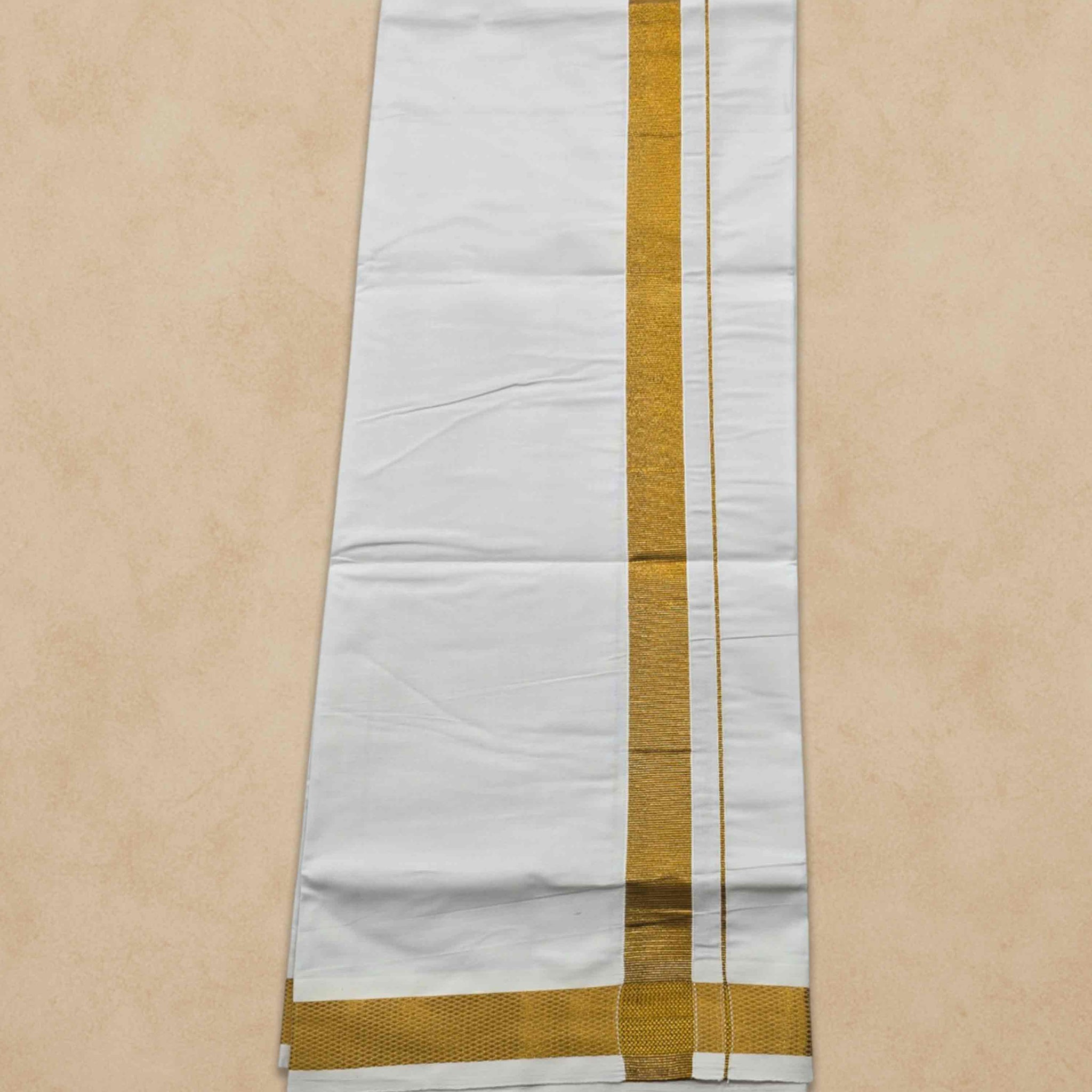 Dhoties Men's Traditional Pure Cotton Bleached White Dhoti With Cotton Color Border Size 9X5 - Gold