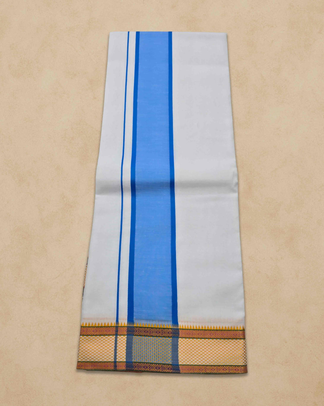 Dhoties Men's Traditional Pure Cotton Bleached White Dhoti With Cotton Color Border Size 9X5 - Ice blue
