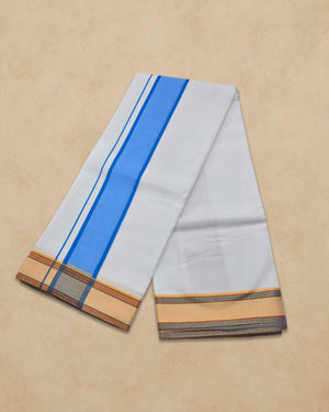 Dhoties Men's Traditional Pure Cotton Bleached White Dhoti With Cotton Color Border Size 9X5 - Ice blue