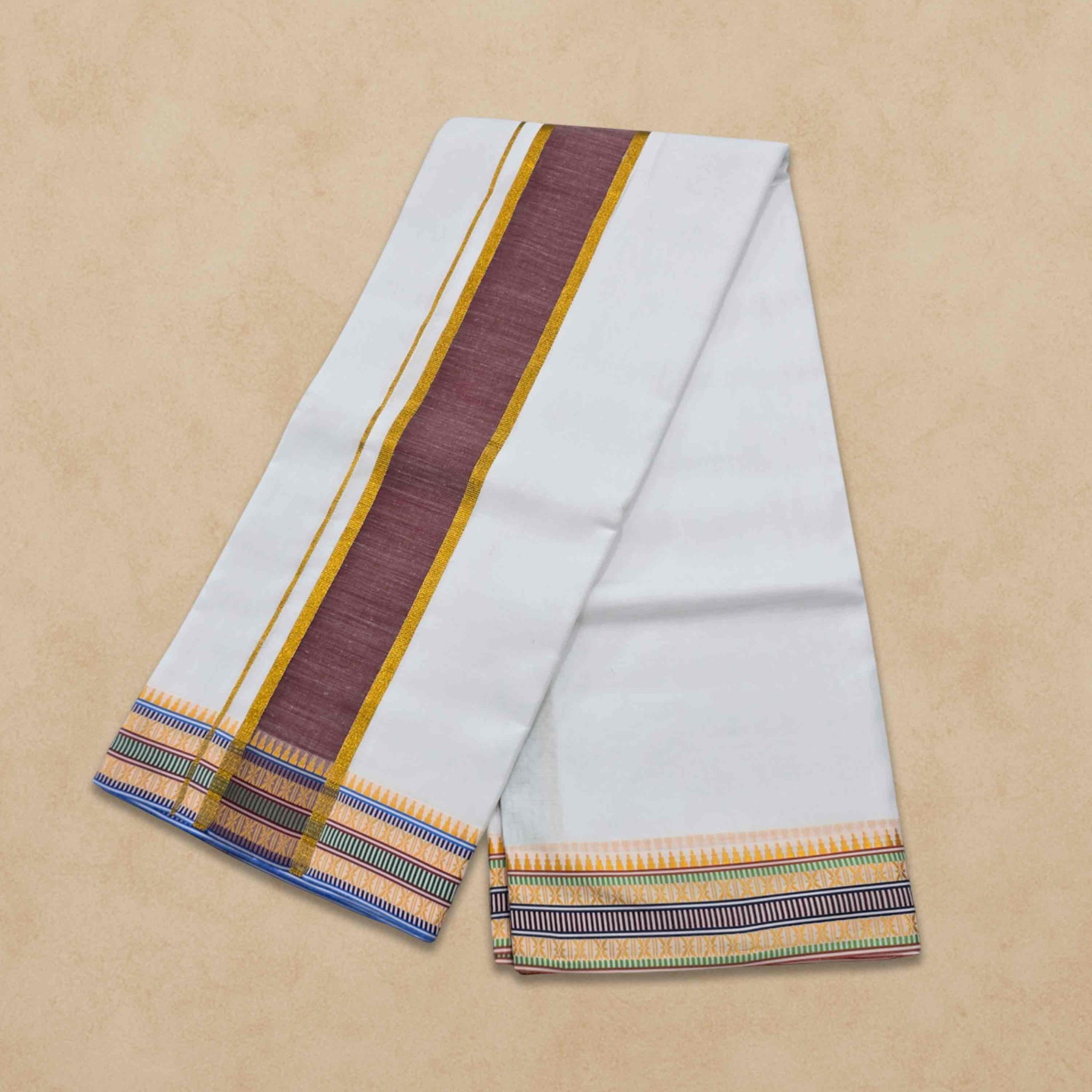 Dhoties Men's Traditional Pure Cotton Bleached White Dhoti With Cotton Color Border Size 9X5 - Maroon