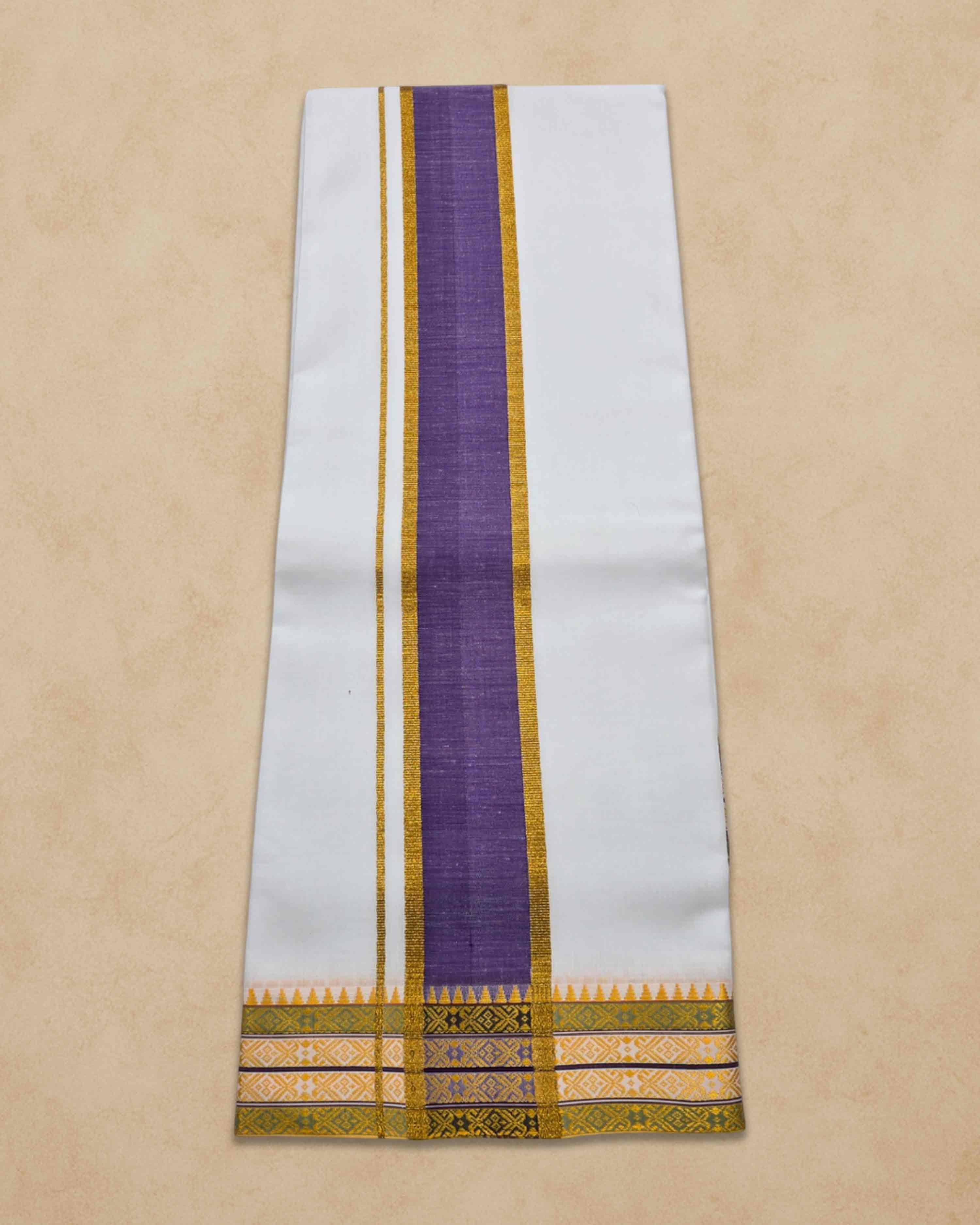 Dhoties Men's Traditional Pure Cotton Bleached White Dhoti With Cotton Color Border Size 9X5 - Purple