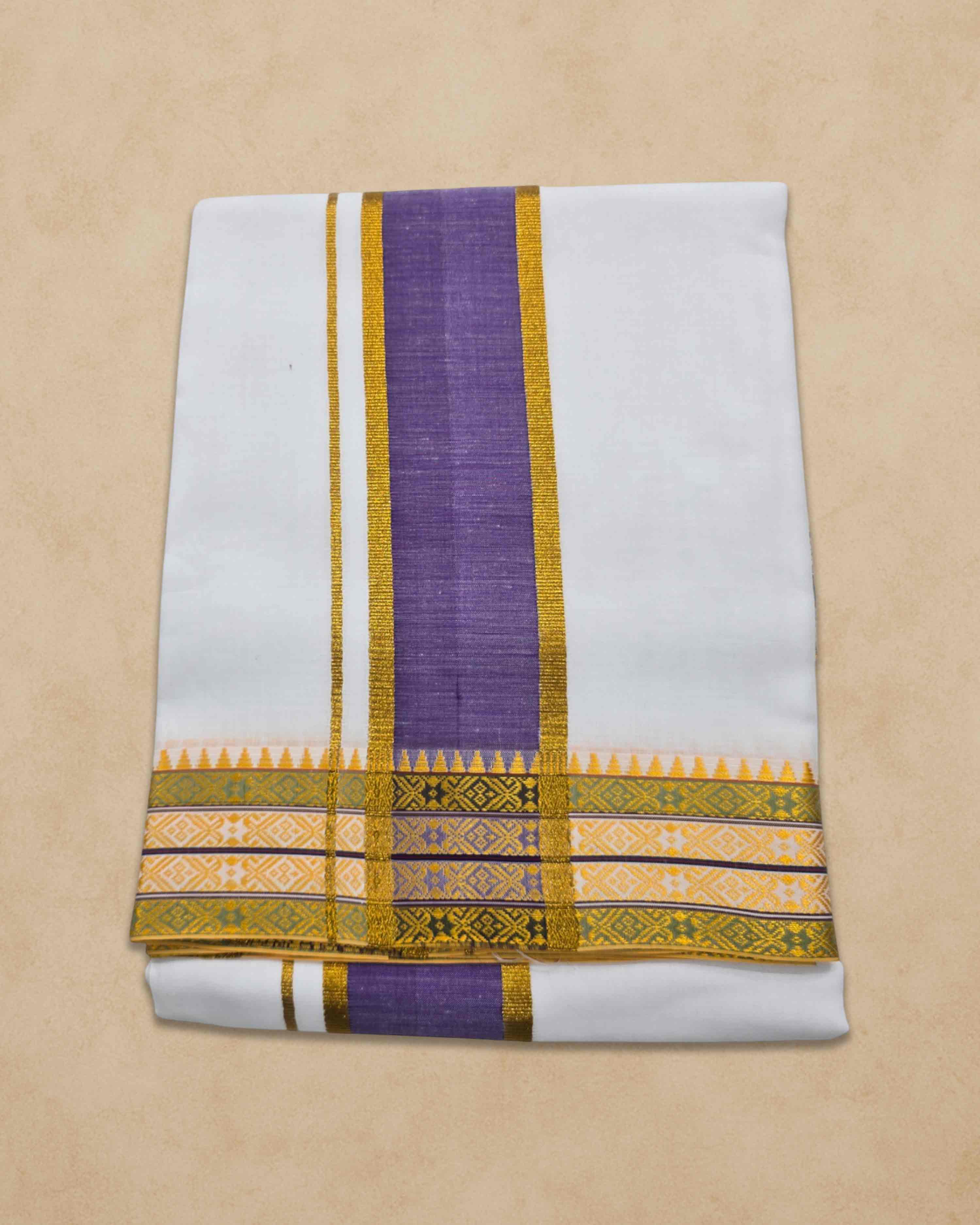 Dhoties Men's Traditional Pure Cotton Bleached White Dhoti With Cotton Color Border Size 9X5 - Purple