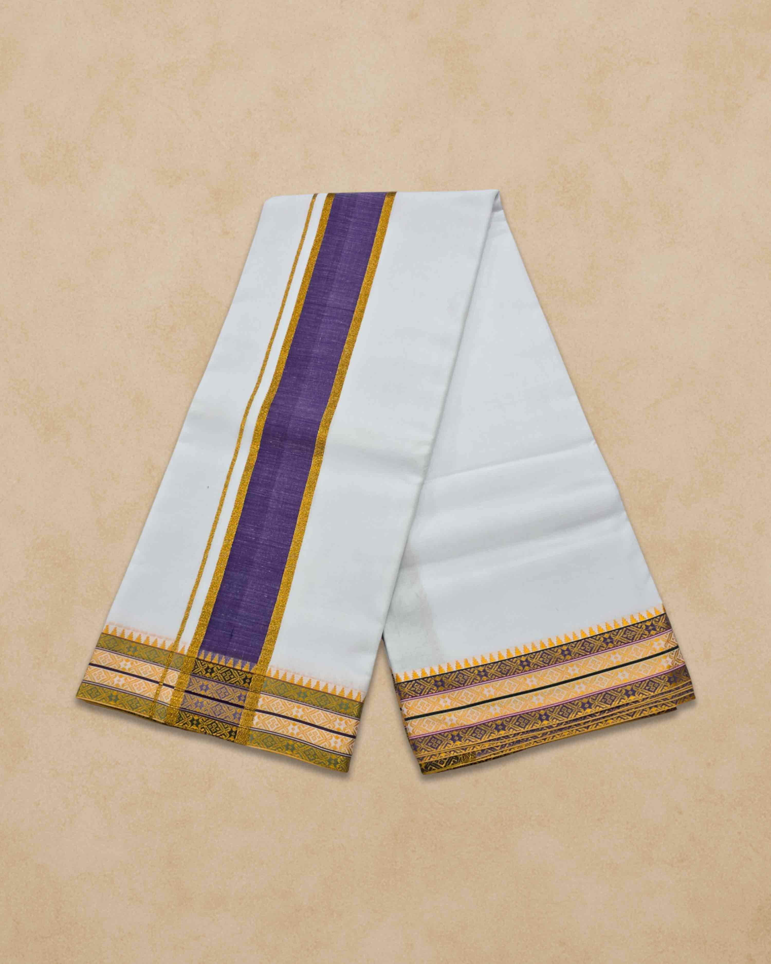 Dhoties Men's Traditional Pure Cotton Bleached White Dhoti With Cotton Color Border Size 9X5 - Purple