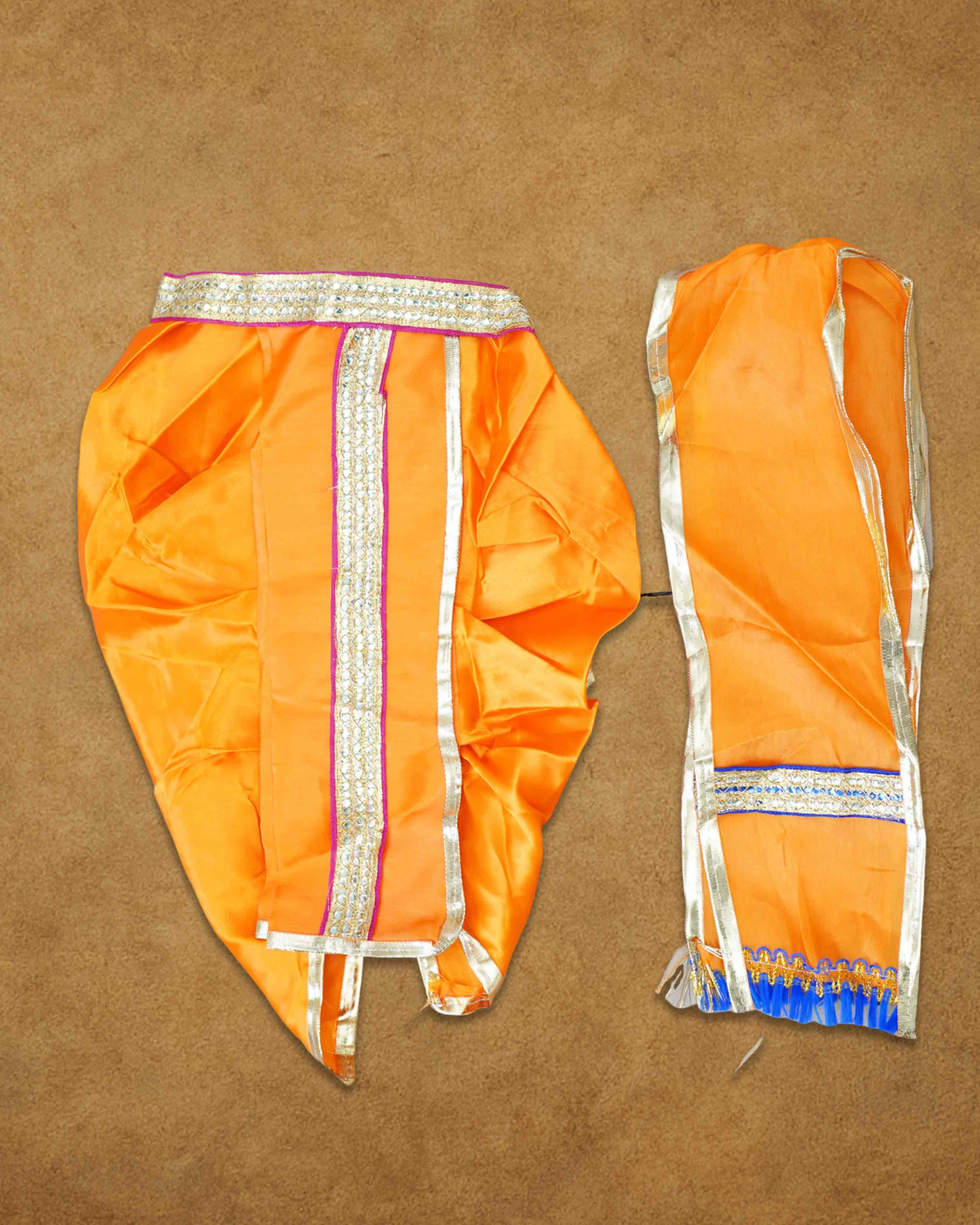 Ganesh Ji & Standing Krishna Idol Panchakacham Dhoti Towel Dress Set Orange
