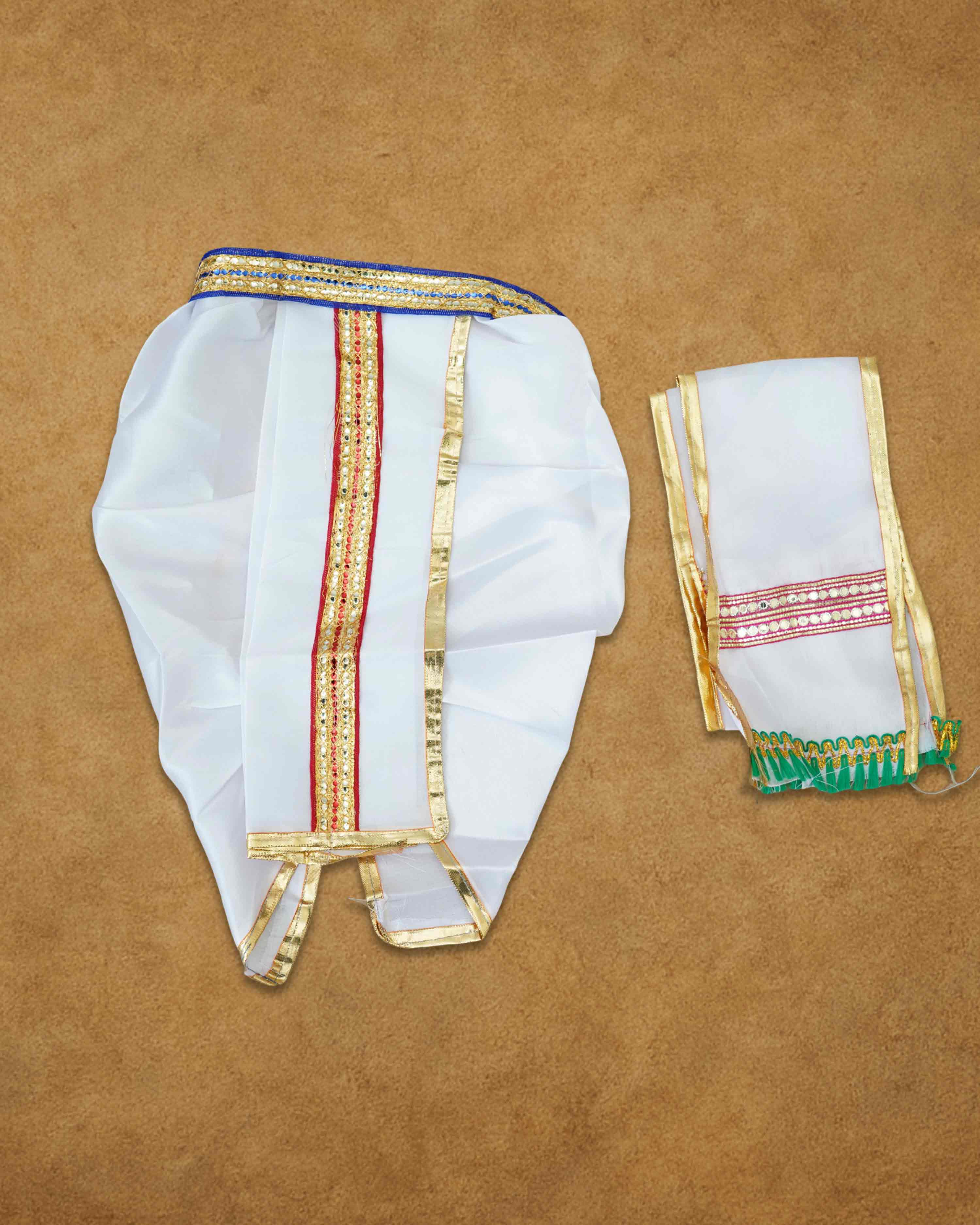 Ganesh Ji & Standing Krishna Idol Panchakacham Dhoti Towel Dress Set White