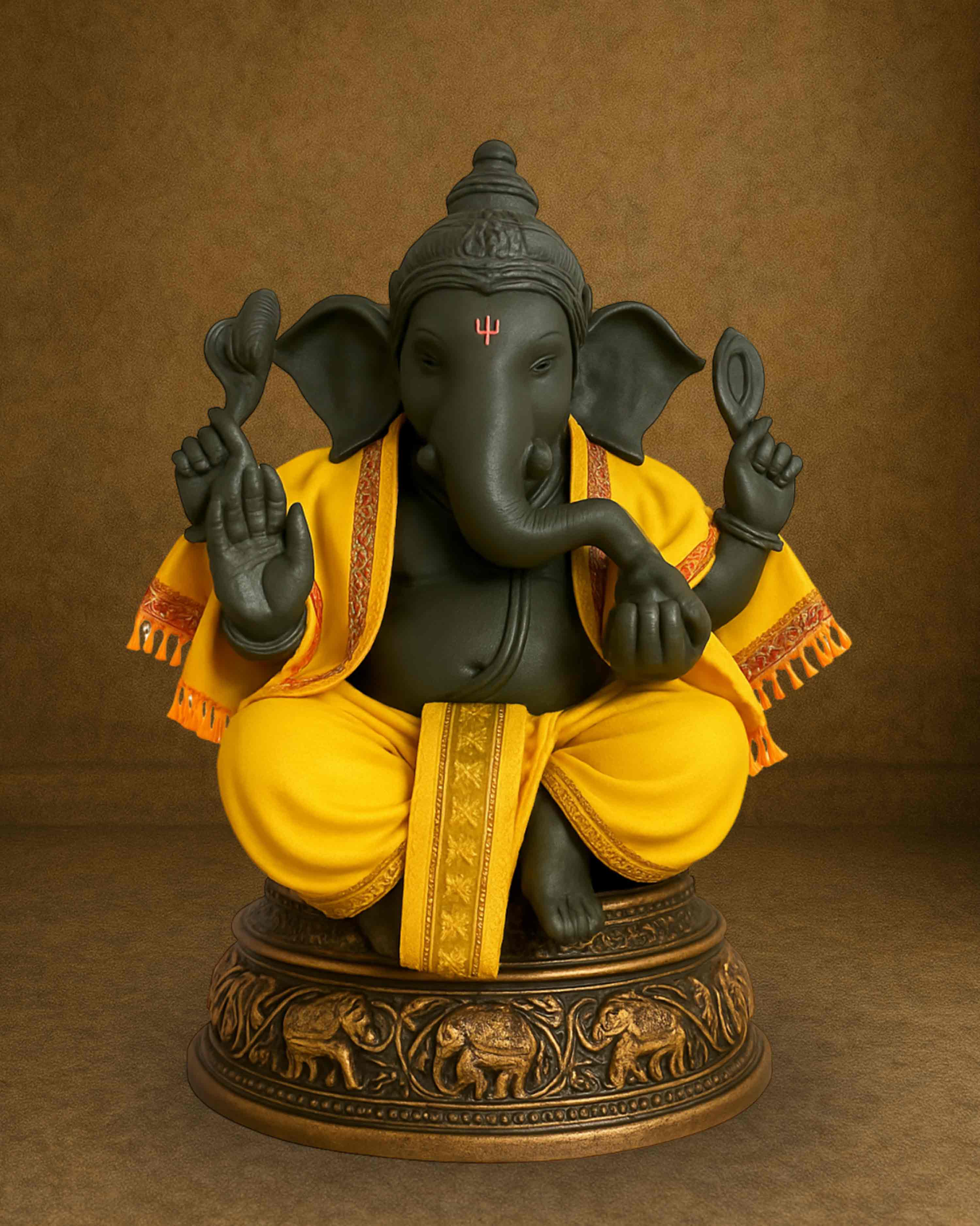 Ganesh Ji & Standing Krishna Idol Panchakacham Dhoti Towel Dress Set Yellow