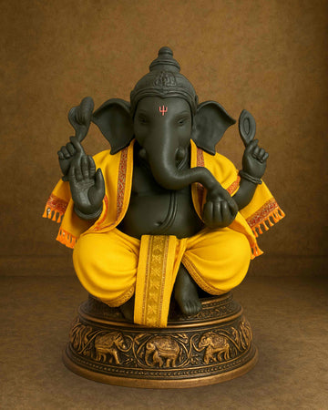 Ganesh Ji & Standing Krishna Idol Panchakacham Dhoti Towel Dress Set Yellow