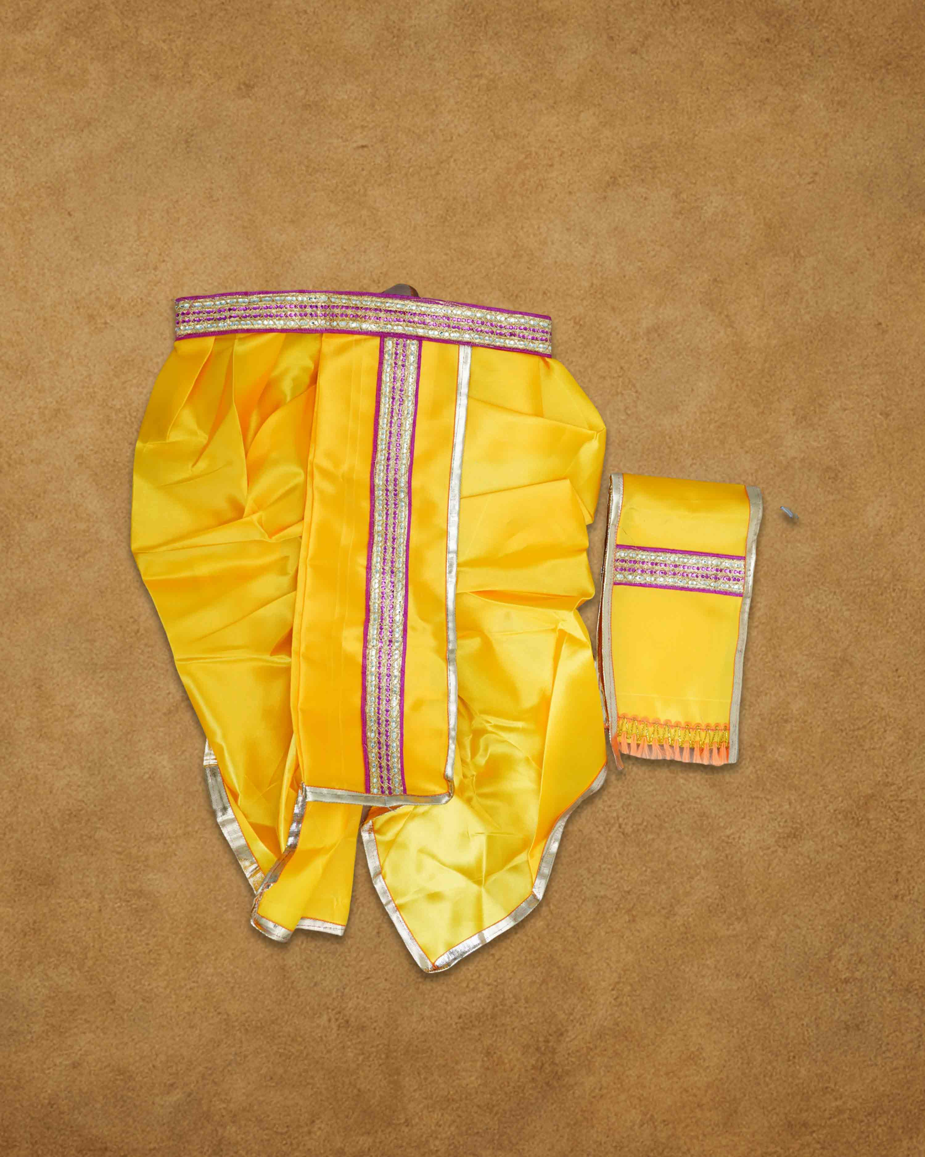 Ganesh Ji & Standing Krishna Idol Panchakacham Dhoti Towel Dress Set Yellow
