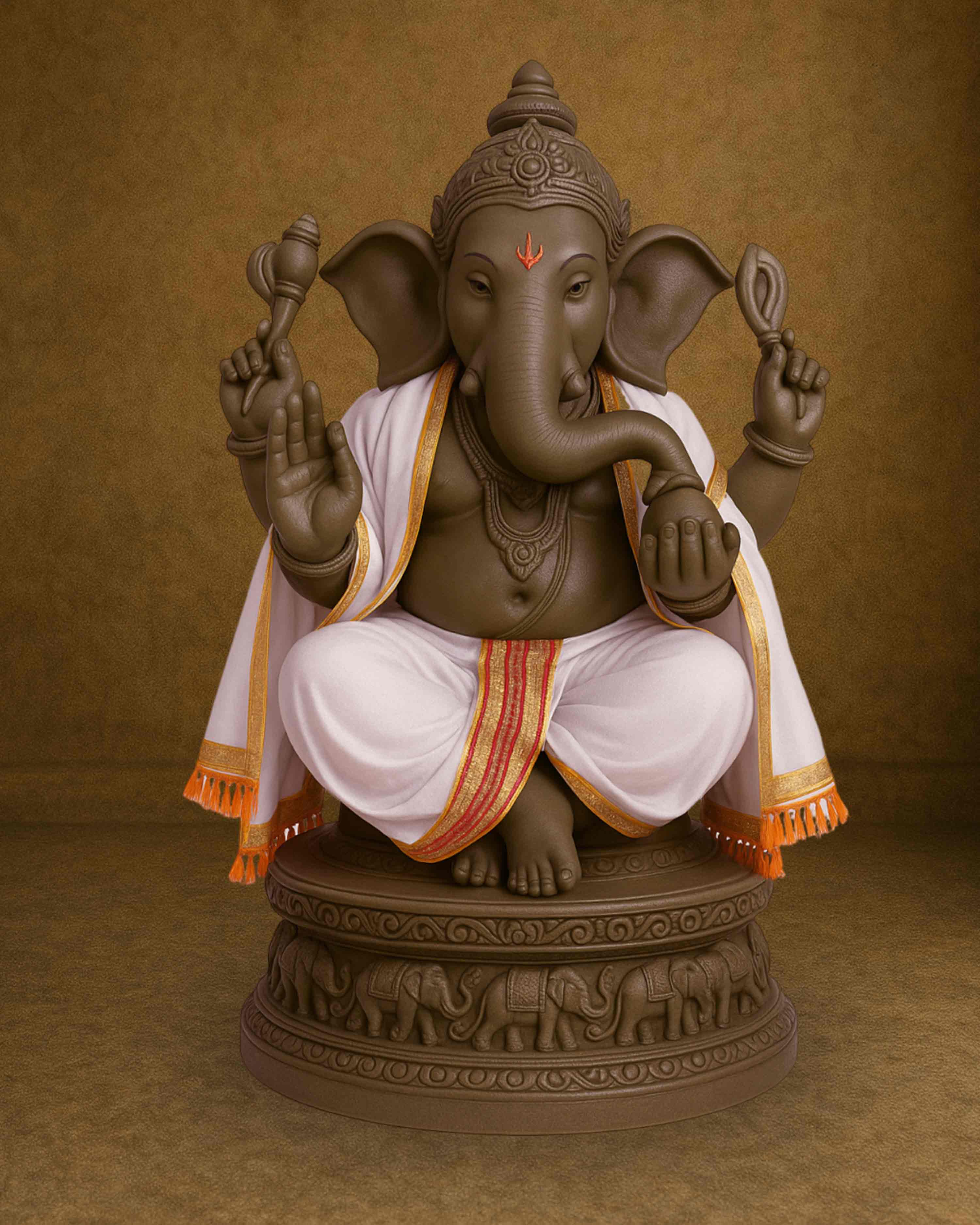 Ganesh Ji & Standing Krishna Idol Panchakacham Dhoti Towel Dress Set White