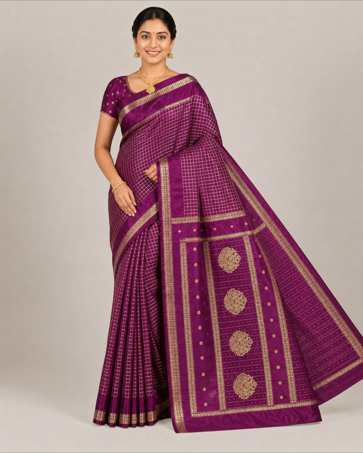 பெண்களுக்கான டர்க்கி சில்க் புடவை மற்றும் பிளவுஸ் பீஸ் – ஒயின் கோல்டு செக்ஸ் | பாரிஸ் பியூட்டி