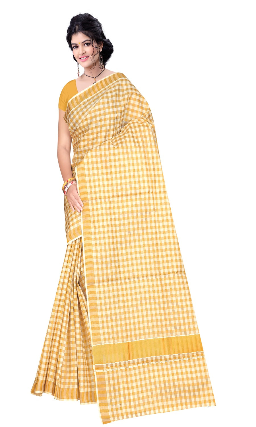Cotton Blend Kerala Kasavu Solid Golden Checks Zari Border Saree with Blouse