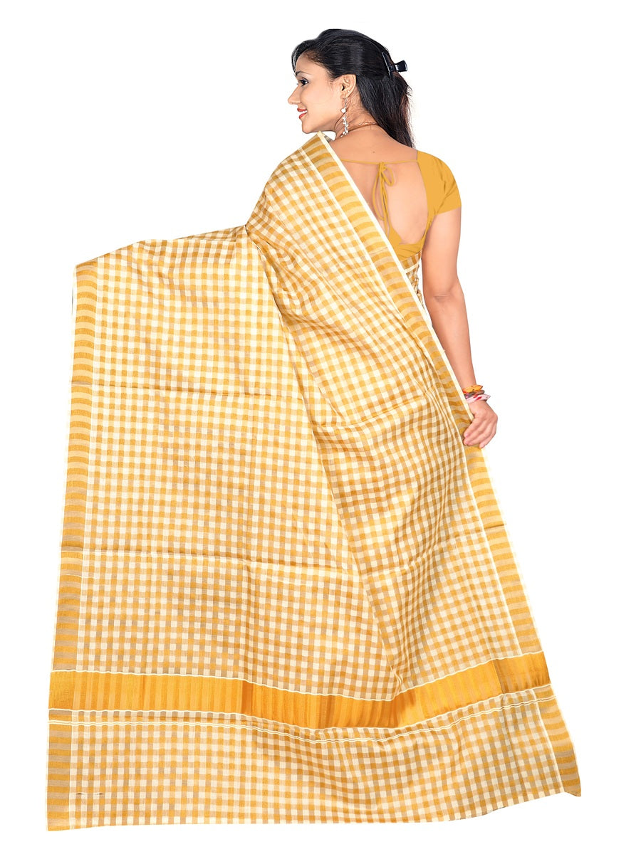 Cotton Blend Kerala Kasavu Solid Golden Checks Zari Border Saree with Blouse