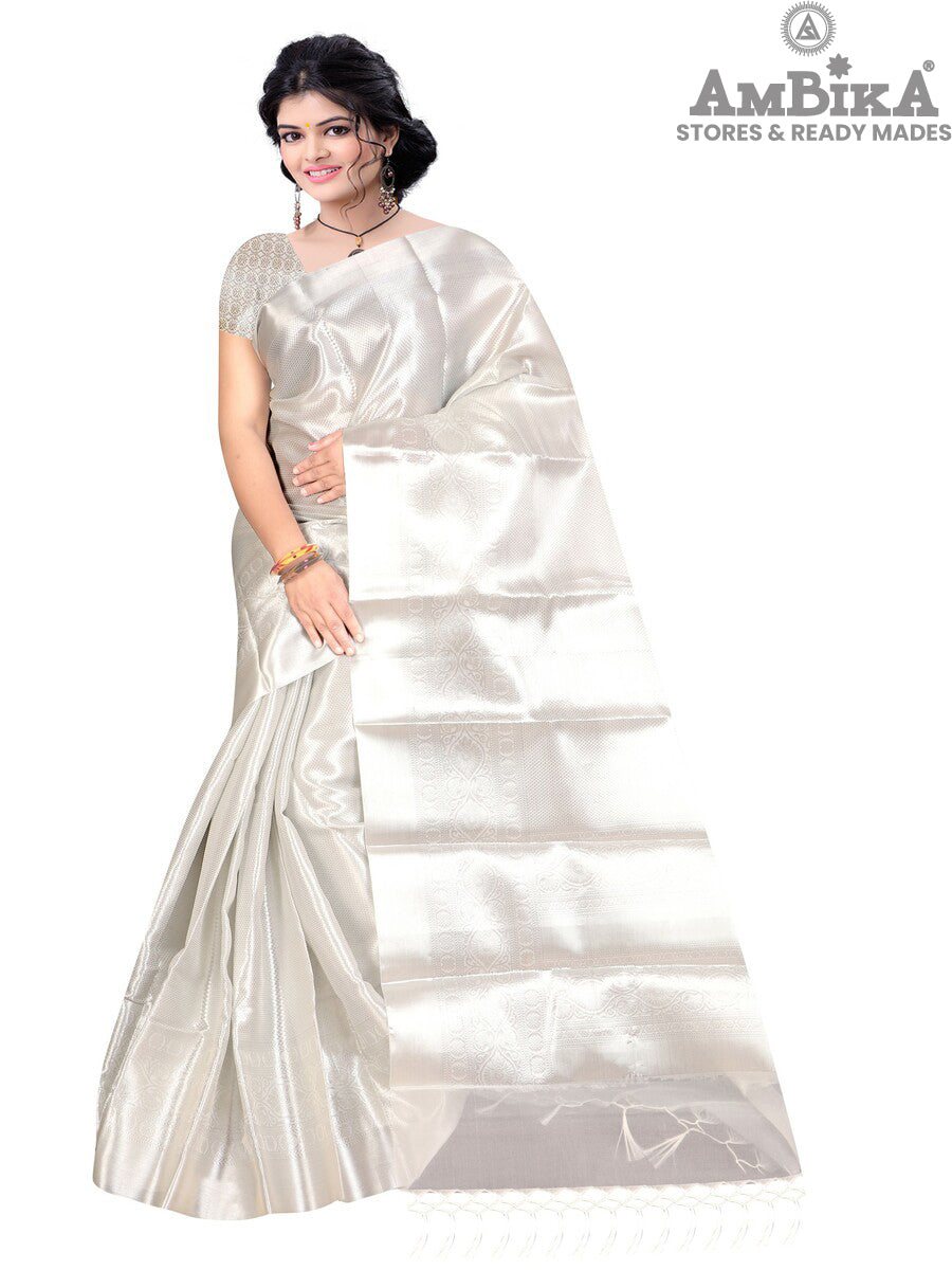 Women's Heavy Tissue Silk Silver Zari Saree with Blouse Piece