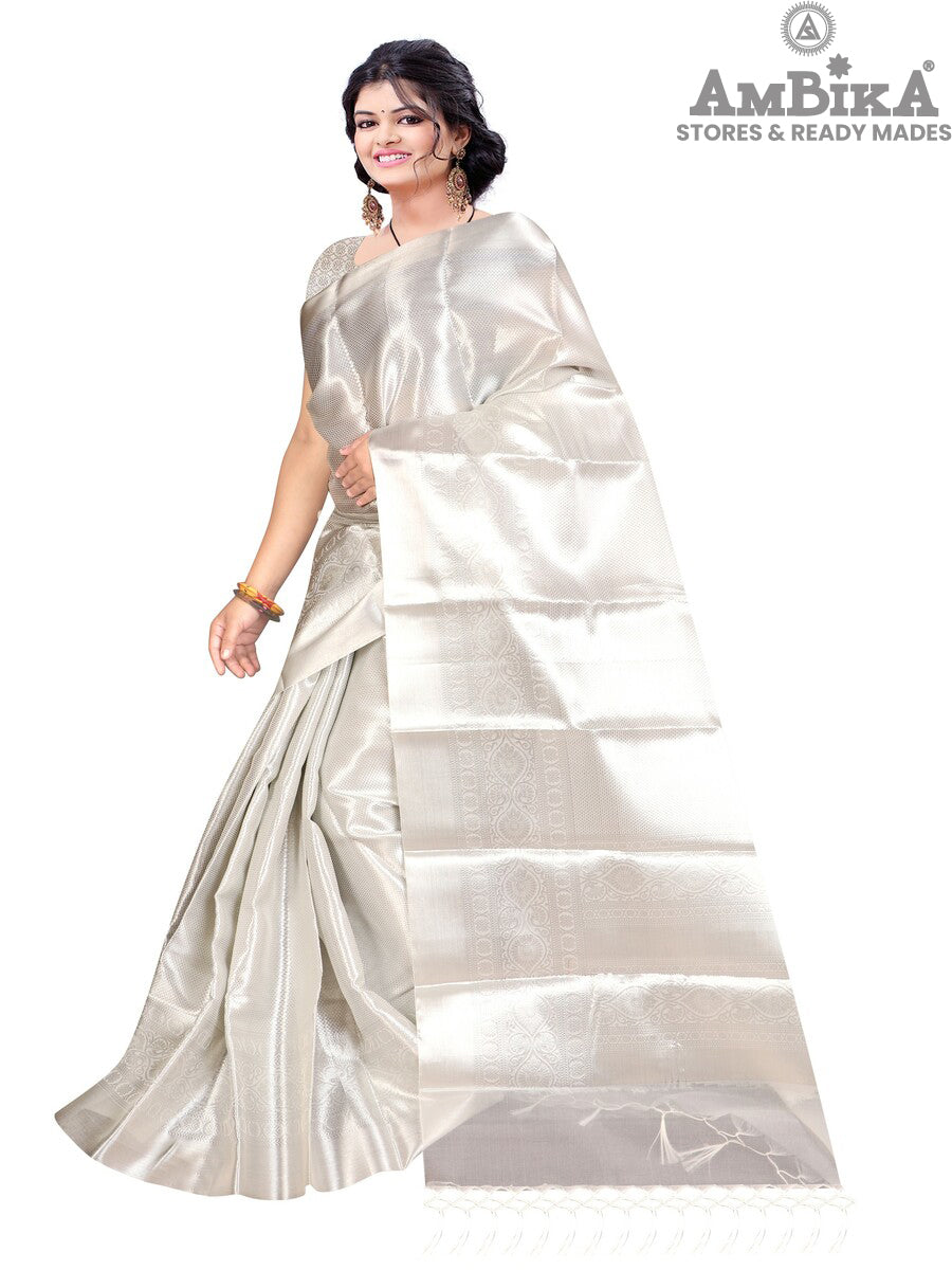 Women's Heavy Tissue Silk Silver Zari Saree with Blouse Piece