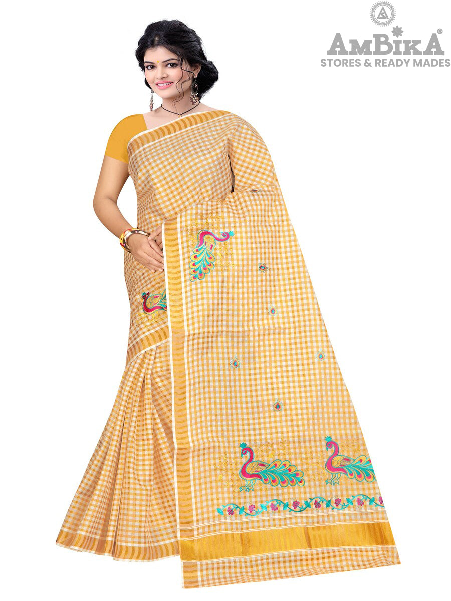 Women's Cotton Saree Kerala Traditional Kasavu Saree with Running Blouse (CHECKED EMBROIDING SAREE)