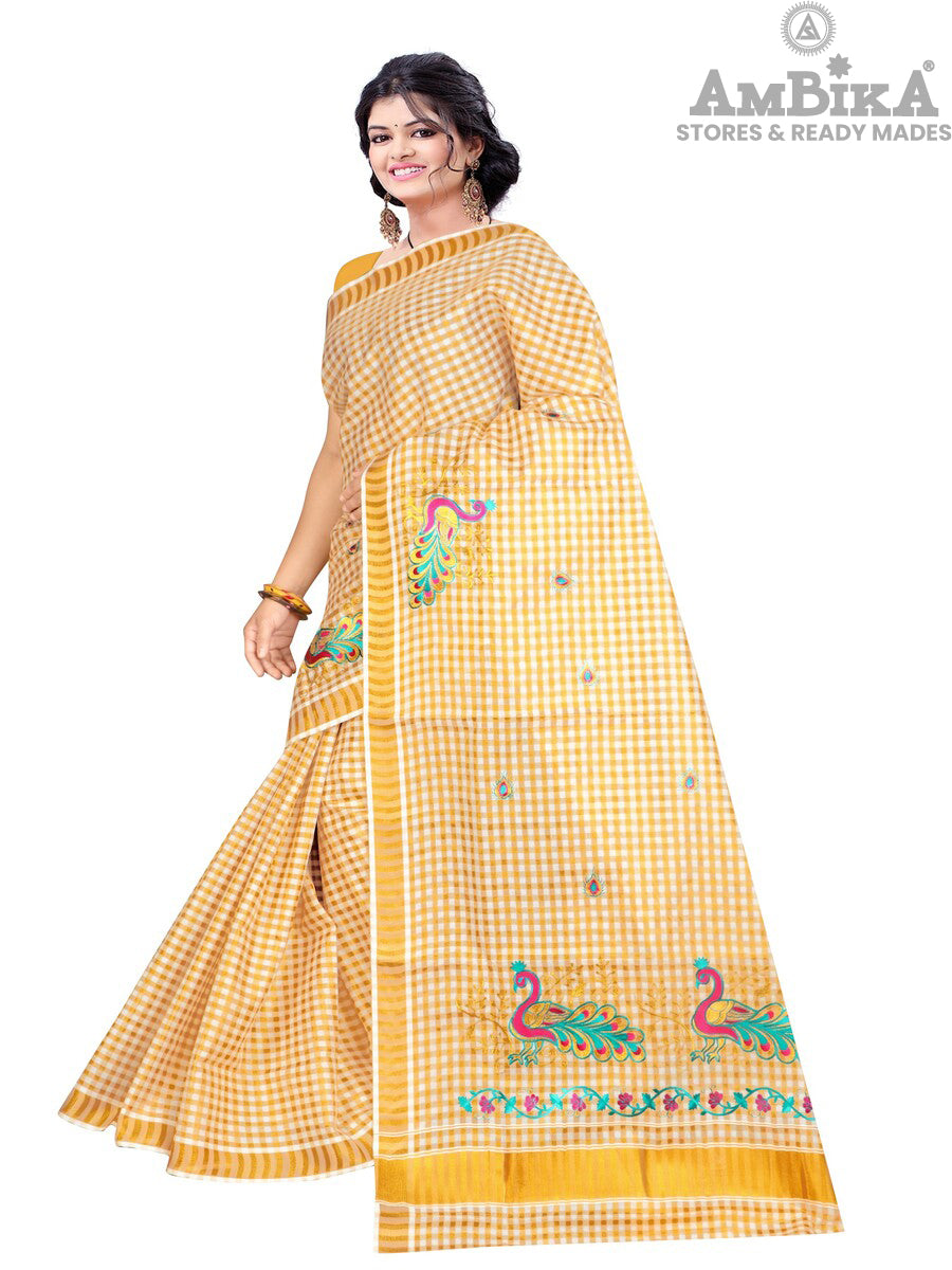 Women's Cotton Saree Kerala Traditional Kasavu Saree with Running Blouse (CHECKED EMBROIDING SAREE)